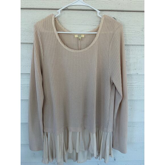 Kori America Beige Waffle Knit Layered Ruffle Hem Top M/L Boho - Picture 2 of 5
